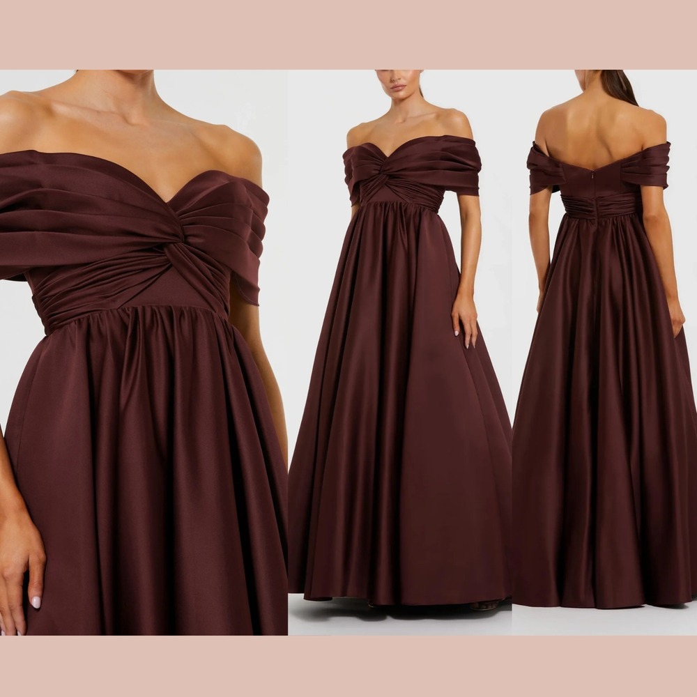 NWT IEENA Mac Duggal [ 4 ] 56188 Satin Off‎ Shoulder Twist Ball Gown Wine Q1302